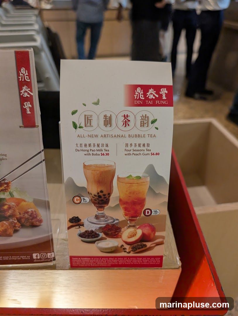 Menu featuring artisanal bubble teas from Din Tai Fung.