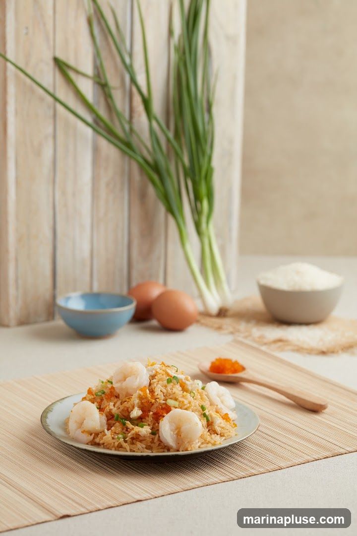 A plate of shrimp fried rice is presented with several large shrimp on top. Scattered throughout the rice are small orange roe and chopped green onions. In the background, there are two brown eggs, a small blue bowl, a bowl of white rice, and a bunch of green onions. A wooden spoon with a small pile of orange roe sits to the right of the plate. The food is arranged on a bamboo placemat with a rustic wooden backdrop.