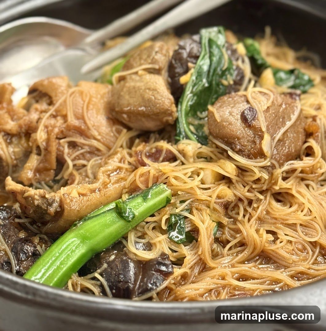 A close-up shot of a bowl of braised noodles, featuring thin vermicelli noodles mixed with pieces of braised meat, shiitake mushrooms, and green vegetables. A stalk of gai lan (Chinese broccoli) is prominently placed in the foreground. The dish appears to be served in a dark, round bowl with chopsticks and a spoon resting on the rim.