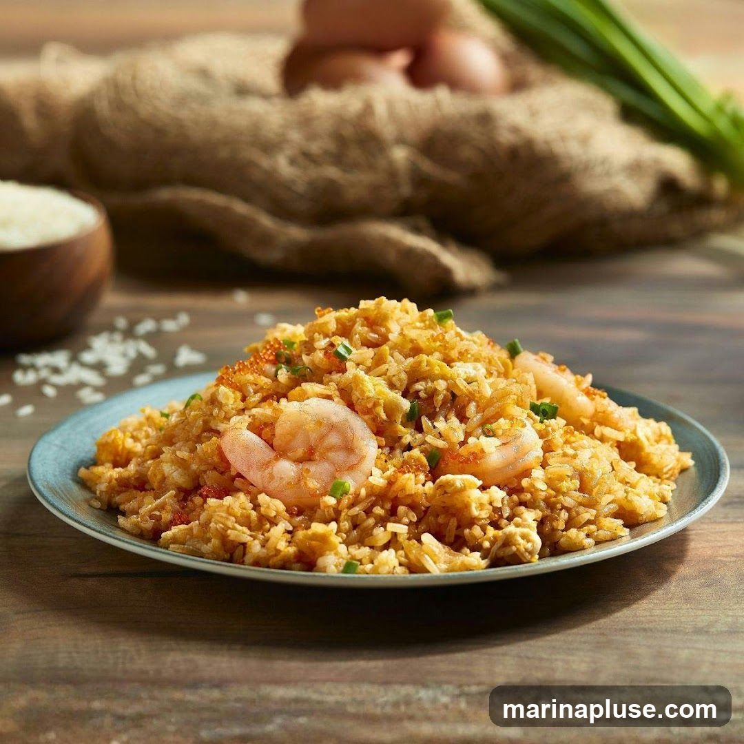 A plate of shrimp fried rice is presented on a wooden table. The rice is mixed with scrambled eggs, shrimp, and garnished with chopped green onions and roe. In the background, a burlap sack holds eggs, and a bowl of uncooked rice is visible.