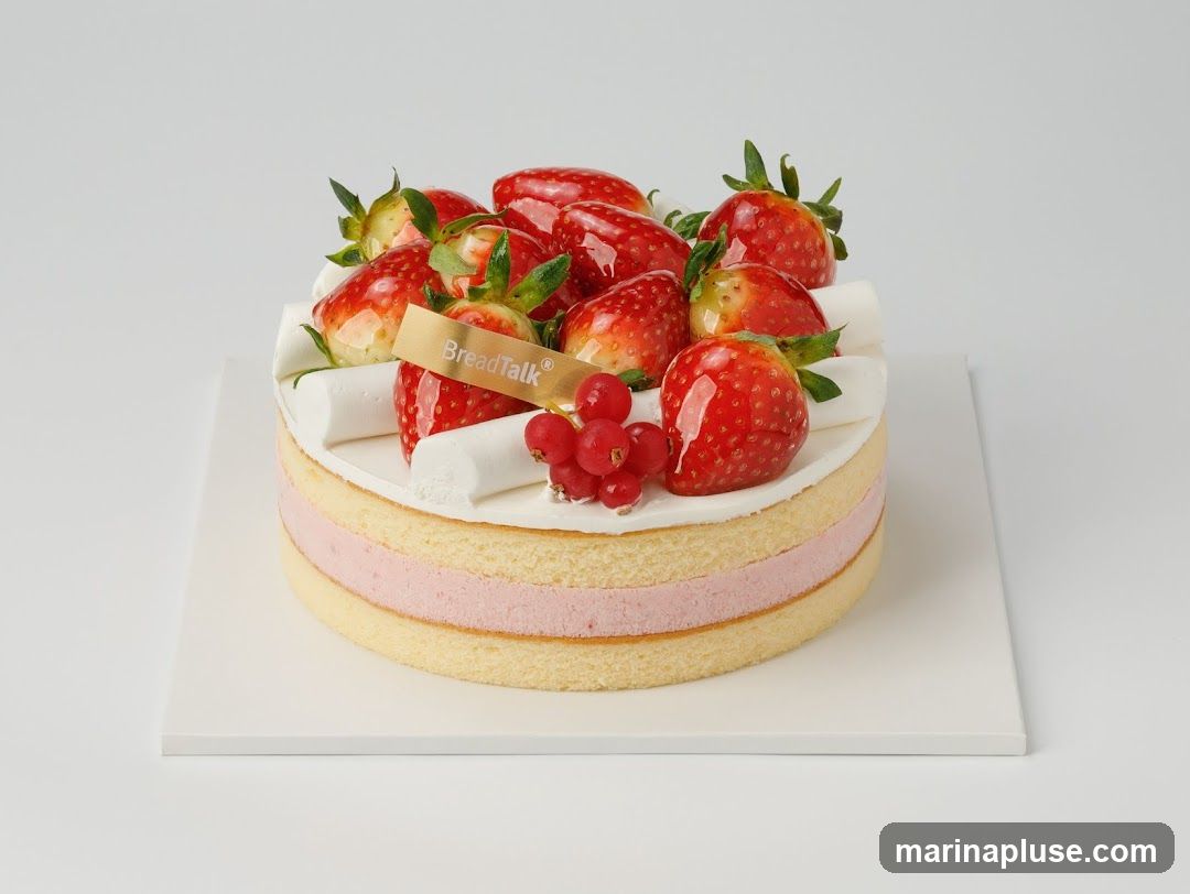 A layered strawberry cake with white frosting, pink filling, and fresh strawberries on top, garnished with red currants and a BreadTalk tag.