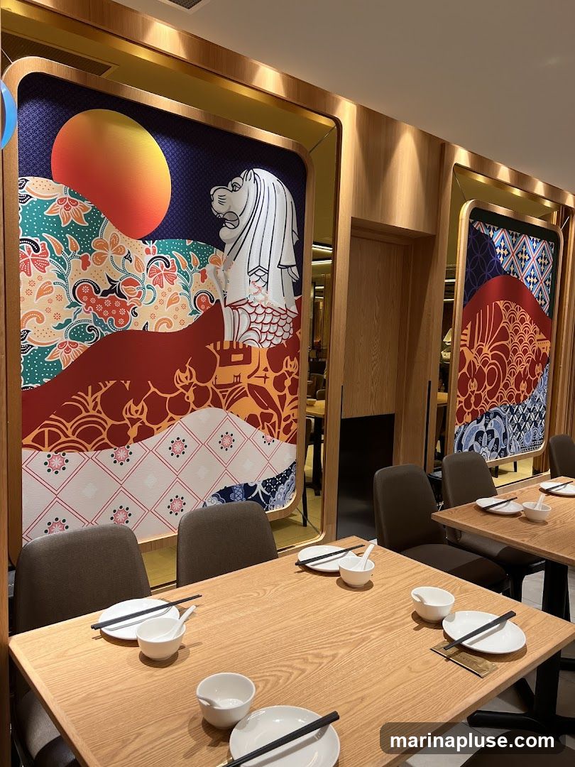 The image shows the interior of a restaurant with wooden tables and chairs. Each table is set with plates, bowls, and chopsticks. The walls are decorated with large, colorful panels featuring a stylized depiction of the Merlion statue, a prominent symbol of Singapore, set against a backdrop of batik-inspired patterns and a large orange sun. The overall ambiance suggests a modern dining establishment with a cultural theme.