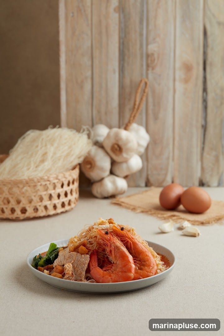 A close-up shot of a bowl of noodles topped with two large shrimp, slices of pork, and some greens. In the background, a basket of uncooked noodles, a string of garlic bulbs, and two eggs are visible. The setting appears to be a rustic kitchen or food preparation area.