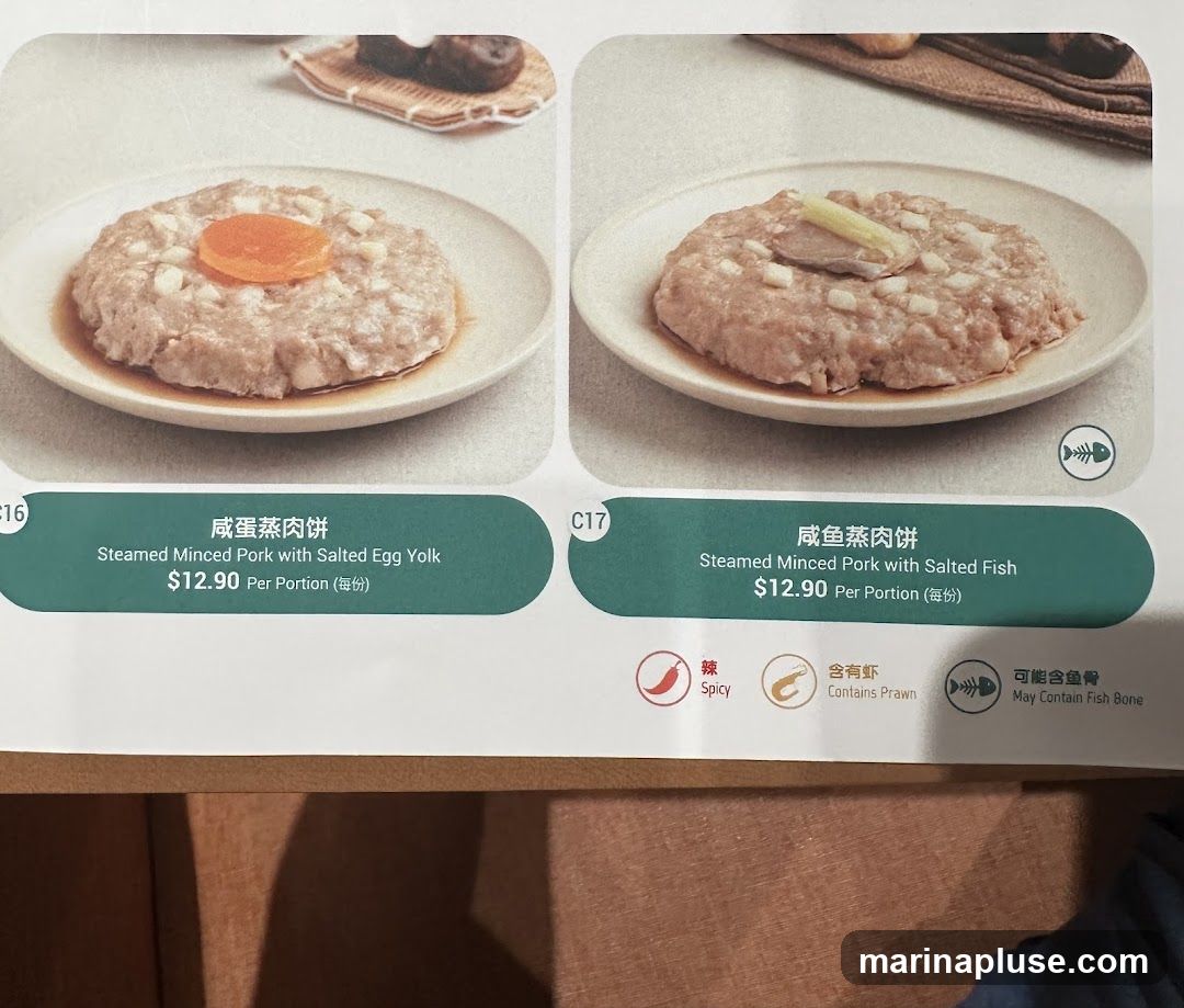 Two steamed minced pork dishes are shown with their descriptions and prices.