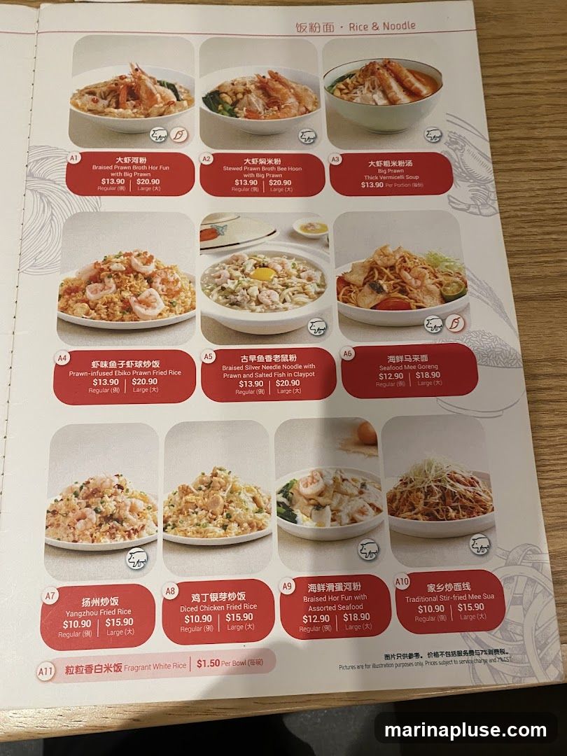 Menu featuring various rice and noodle dishes with prices.