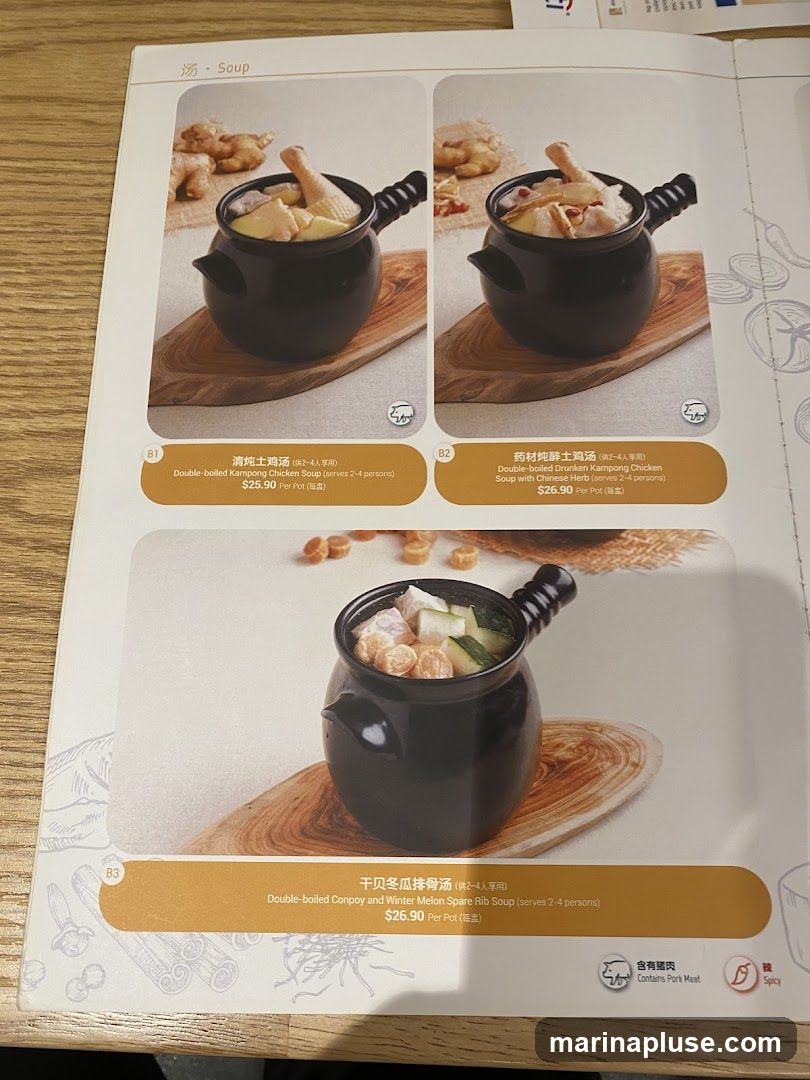 Menu page featuring three soup options with images and descriptions.