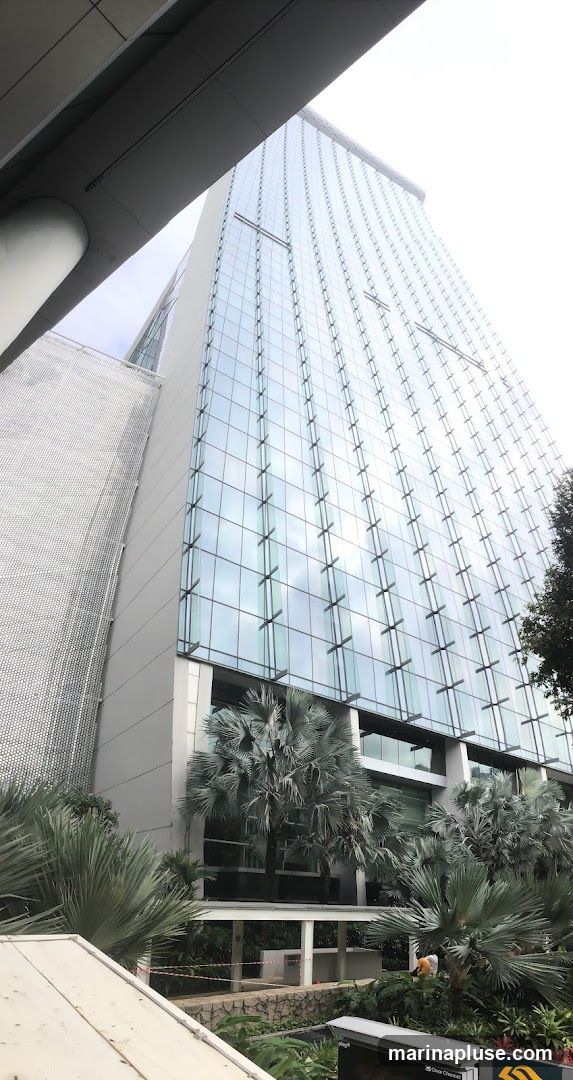A low-angle shot of a tall, modern building with a facade of glass panels and white structural elements. Tropical palm trees and lush greenery are visible at the base of the building, creating a contrast between the urban architecture and nature. The sky is overcast, reflecting in the glass.
