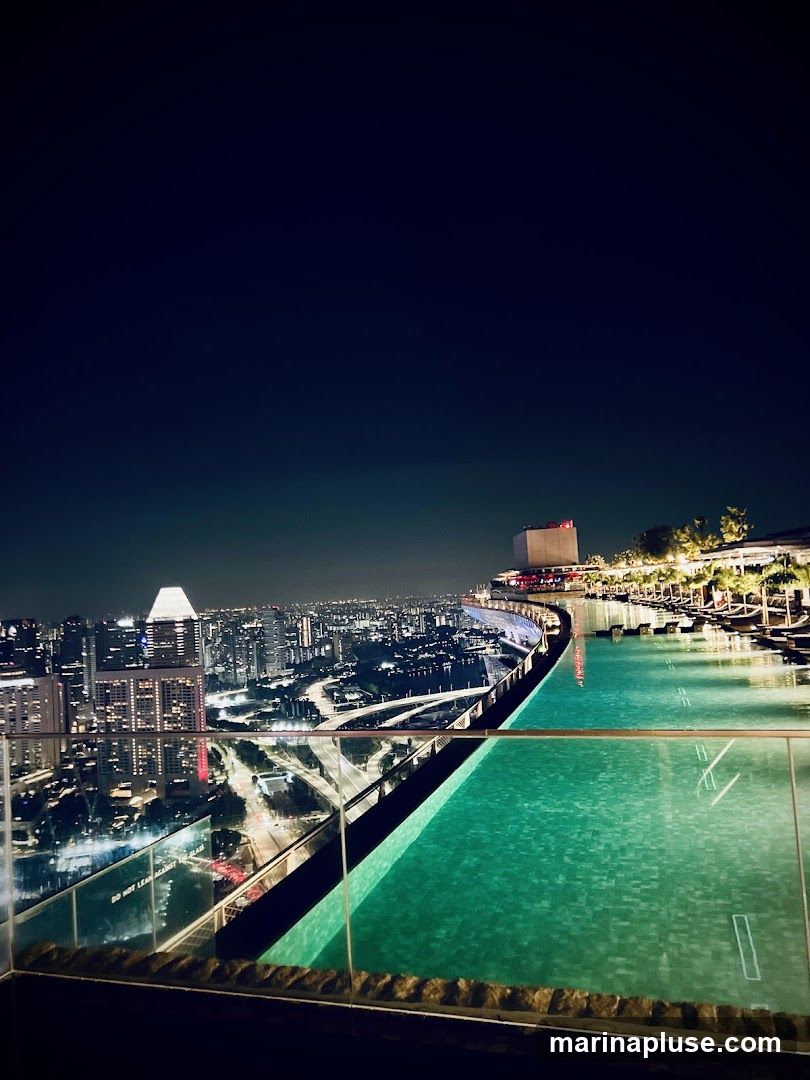 An infinity pool glows with green light, set against a sprawling cityscape at night. The pool's edge overlooks a dense urban landscape with illuminated buildings and highways. Palm trees and lounge chairs are visible along the pool's perimeter, suggesting a resort or upscale establishment. The dark sky above is clear, with a few distant lights from aircraft or tall structures.