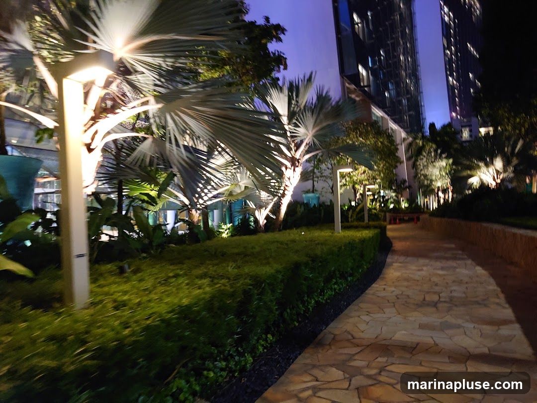 A stone pathway curves through a lush garden at night, illuminated by modern, warm-toned lights. Tall palm trees and dense green foliage line the path, with the blurred silhouettes of modern skyscrapers visible in the background. The scene evokes a serene and sophisticated ambiance.