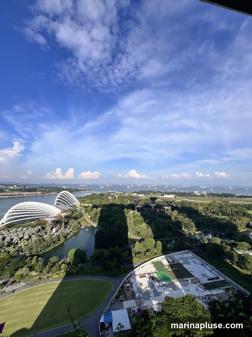 A panoramic view of Gardens by the Bay in Singapore on a sunny day with scattered clouds. The iconic Supertree Grove and the Flower Dome and Cloud Forest conservatories are visible, surrounded by lush greenery and water features. In the distance, numerous ships are anchored in the sea, and the city skyline can be seen. A large shadow from an unseen object falls across the landscape.