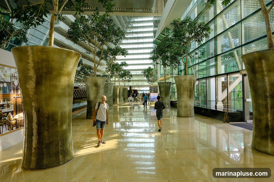 A man walks towards the camera in a spacious, modern atrium. Large, decorative planters with trees line the walkway. The atrium features a high ceiling with natural light filtering through, and a glass facade on one side revealing structural elements and greenery outside. Other people are visible walking in the distance.