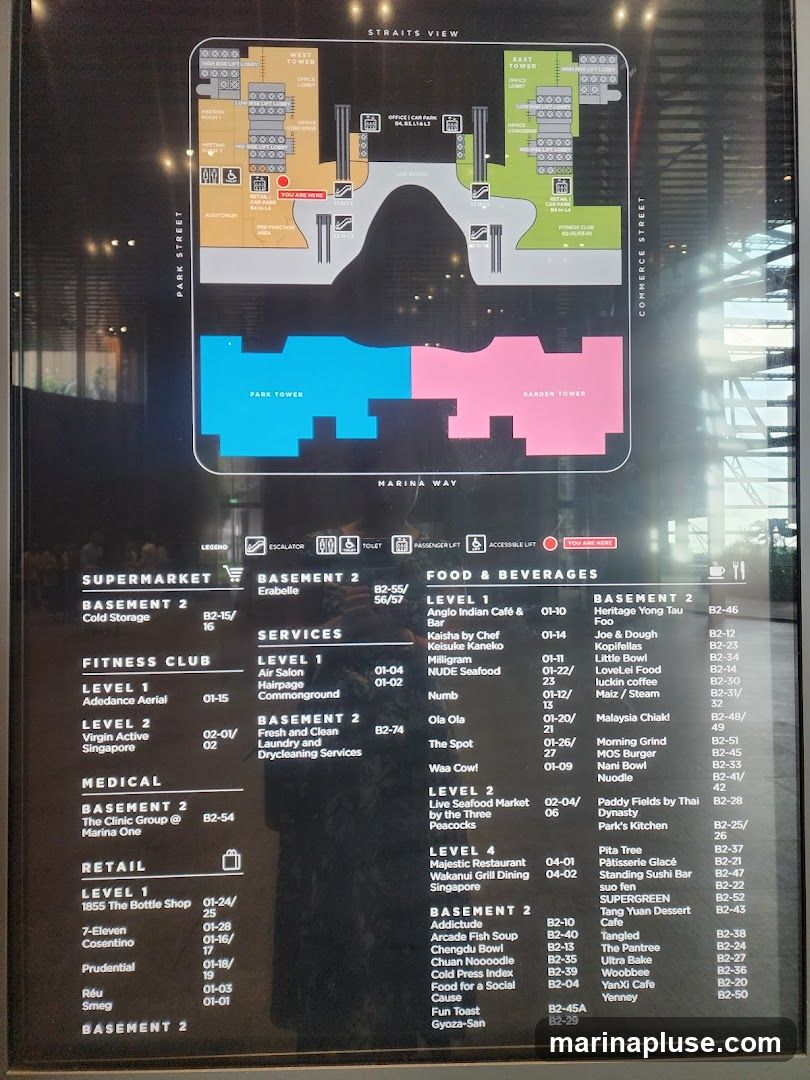 A directory map of a mall, showing different towers, levels, and the locations of various retail stores, food and beverage outlets, services, medical facilities, and a fitness club. It also indicates the current location as 'YOU ARE HERE'.