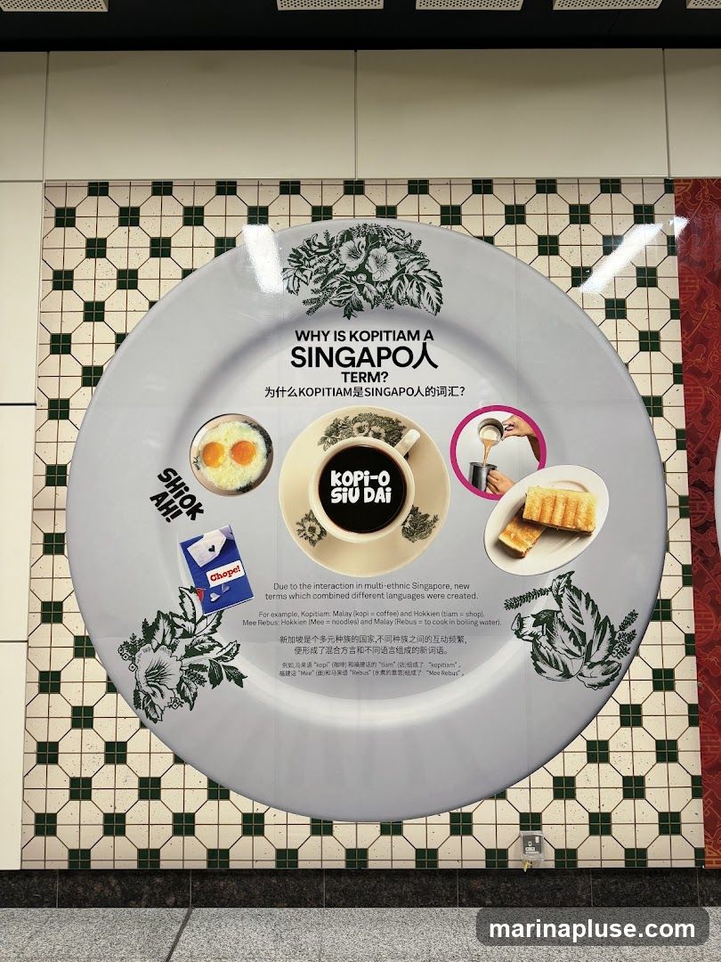 A large circular display on a tiled wall explains the origin of the term 'Kopitiam' in Singapore. The display features images of soft-boiled eggs, a cup of coffee labeled 'Kopi-o Siu Dai', and toast. Text in English and Chinese explains how new terms were created through the interaction of different ethnic groups and languages in Singapore, using 'Kopitiam' (Malay 'kopi' for coffee and Hokkien 'tiam' for shop) and 'Mee Rebus' as examples.