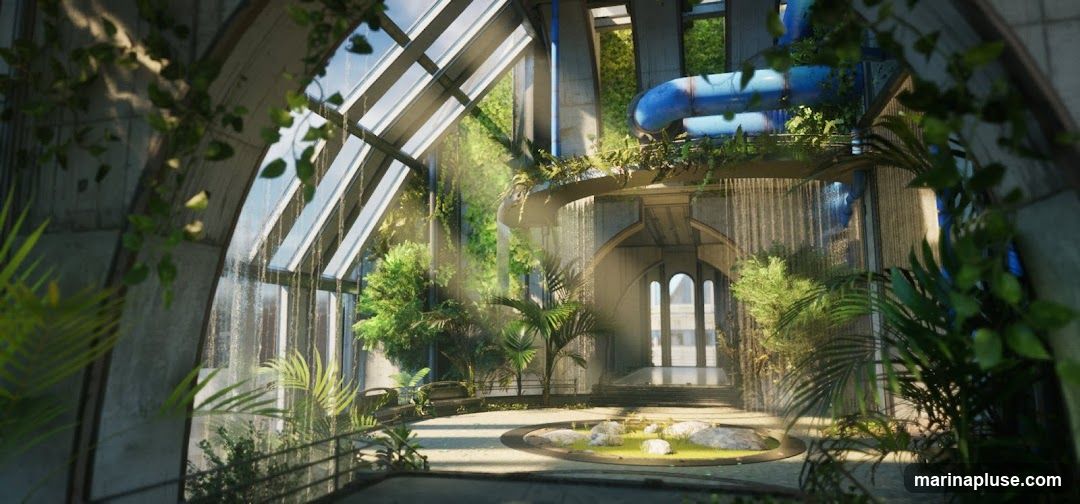 An interior view of a futuristic greenhouse with a large glass ceiling, concrete structures, and lush vegetation. Water features cascade down from elevated platforms with blue pipes. Sunlight streams through the glass, illuminating the plants and creating a serene atmosphere. In the center, a circular garden bed with rocks and grass is visible, leading to an arched entryway in the background.