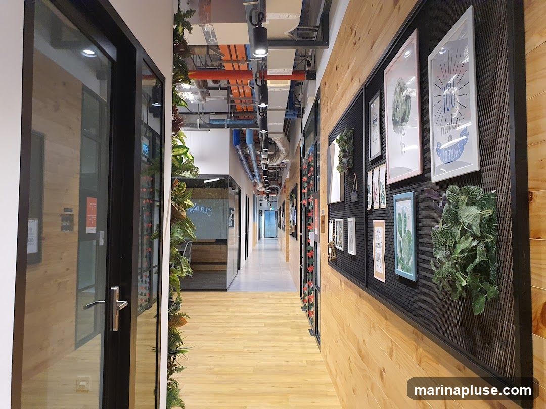 A modern office hallway with wooden floors and walls. The right wall features a black mesh panel displaying framed artwork and artificial plants. The left side has glass doors and walls, with some greenery visible inside. The ceiling shows exposed pipes and lighting fixtures.