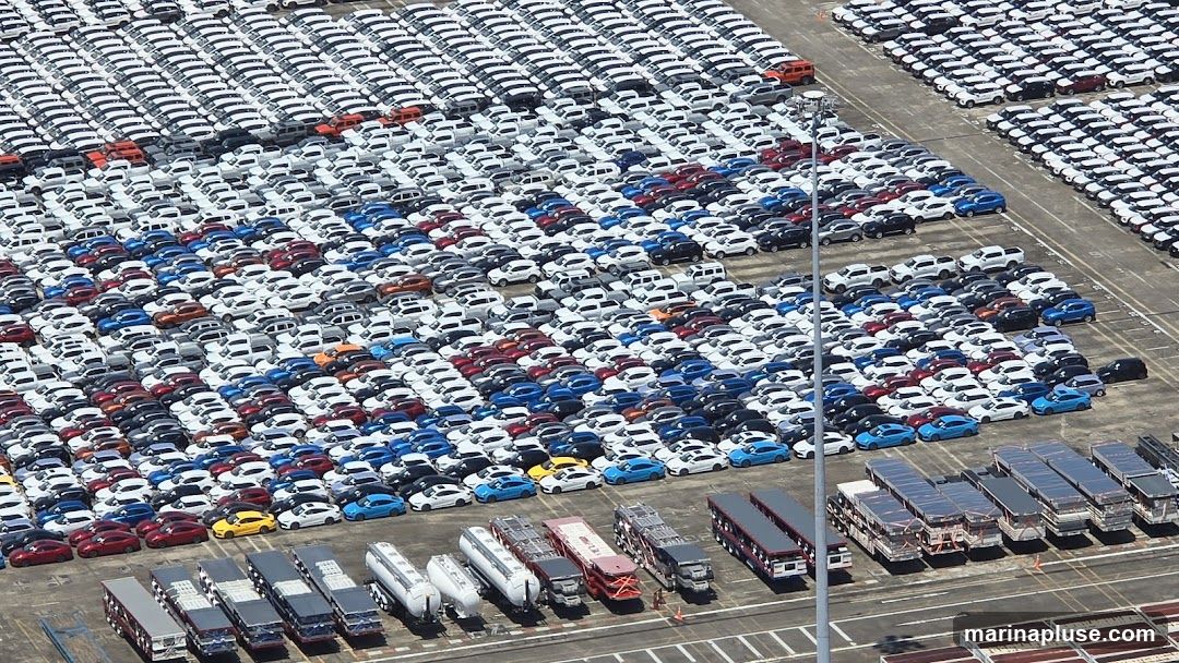 An aerial view of a large outdoor storage lot filled with rows upon rows of new cars. The vehicles are parked closely together, sorted by color and type. In the foreground, several large transport trucks and trailers are visible.