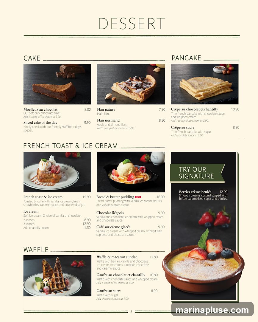 Menu featuring cakes, pancakes, French toast, ice cream, waffles, and signature desserts.