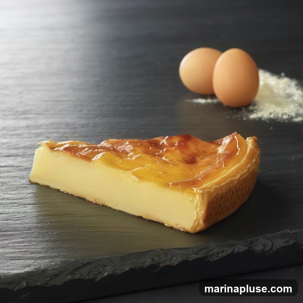 A slice of creamy custard pie with a caramelized top sits on a dark slate surface. Two brown eggs and a small pile of white flour are visible in the background, suggesting the ingredients used in its preparation.