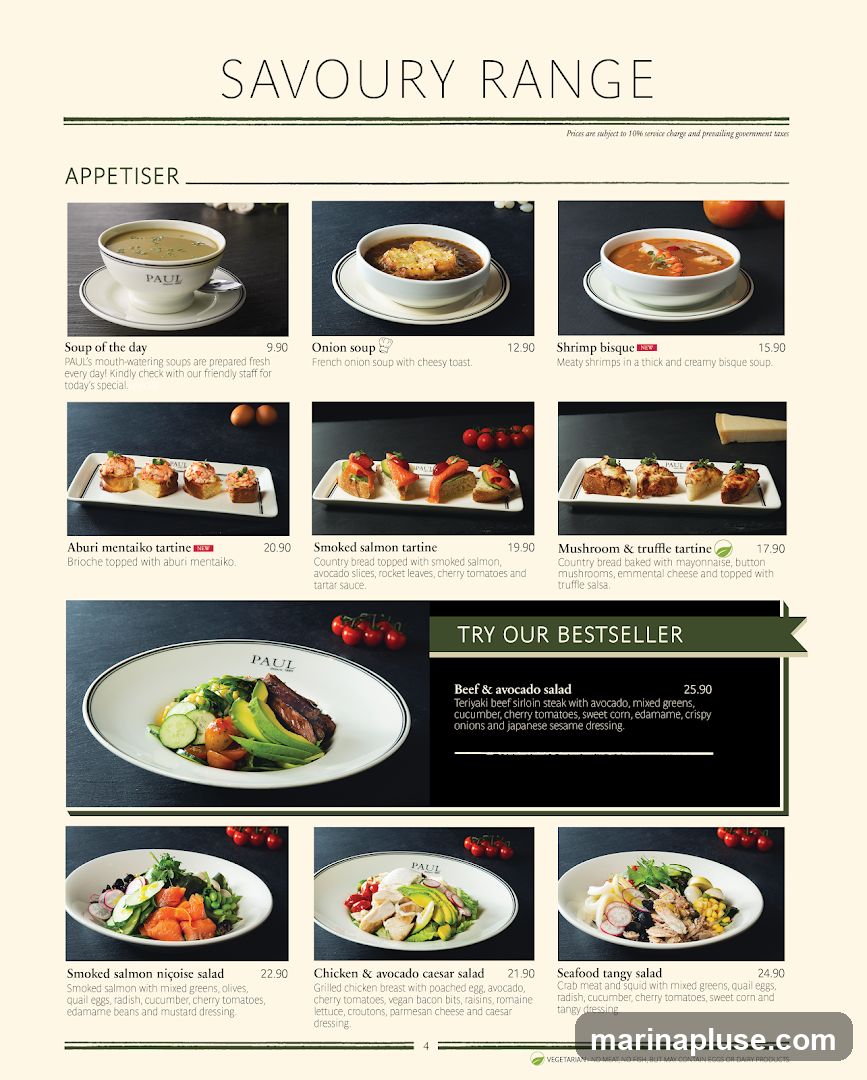 Menu featuring appetizers, tarts, salads, and a bestseller section.