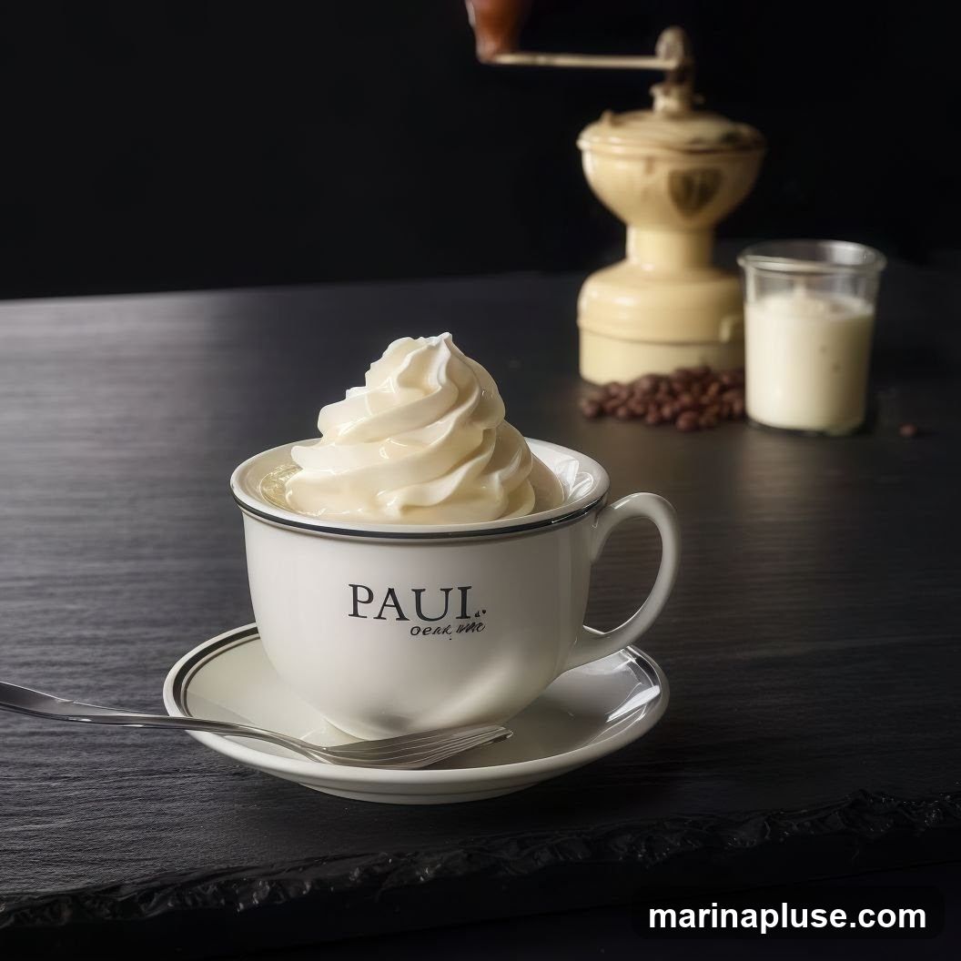 A white cup with the logo "PAUL" and "oek me" is filled with whipped cream. A saucer with a fork is placed under the cup. In the background, there is a coffee grinder, coffee beans, and a small glass of cream.