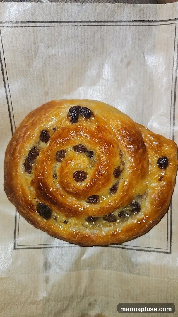 A close-up shot of a golden-brown raisin swirl pastry, dusted with sugar, resting on parchment paper. The pastry has a glossy sheen and visible raisins embedded in its spiral layers.