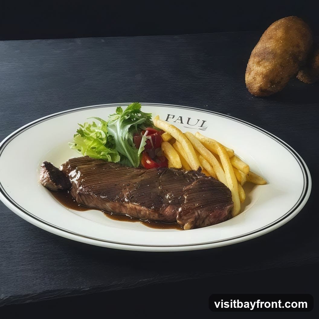 A plate of steak and fries with a side salad is presented on a dark surface. The plate has the word "PAUL" printed on it. Two baked potatoes are visible in the background.