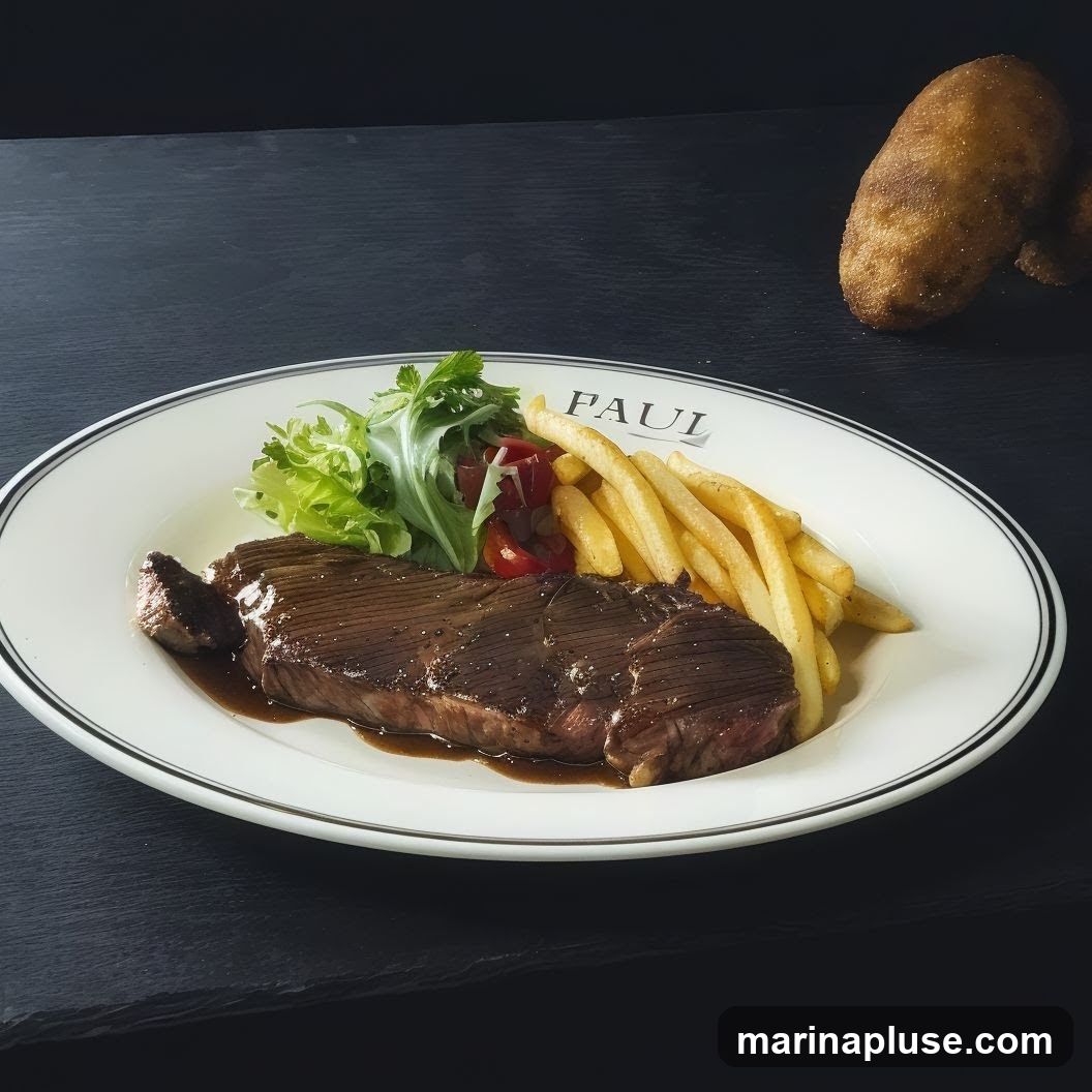 A plate of steak and fries with a side salad is presented on a dark surface. The plate has the word "PAUL" printed on it. Two baked potatoes are visible in the background.
