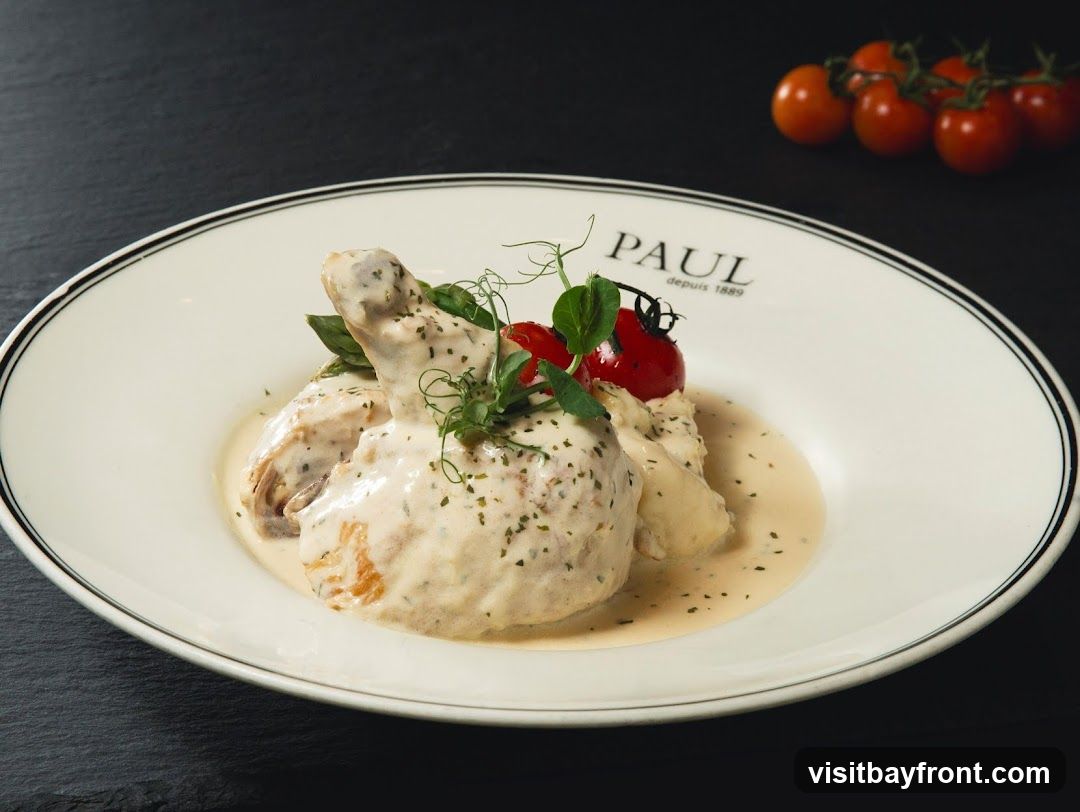 A close-up shot of a creamy chicken dish served on a white plate with a black rim. The plate has the PAUL logo and "depuis 1889" printed on it. The dish is garnished with microgreens and two cherry tomatoes. A bunch of cherry tomatoes is visible in the blurred background.