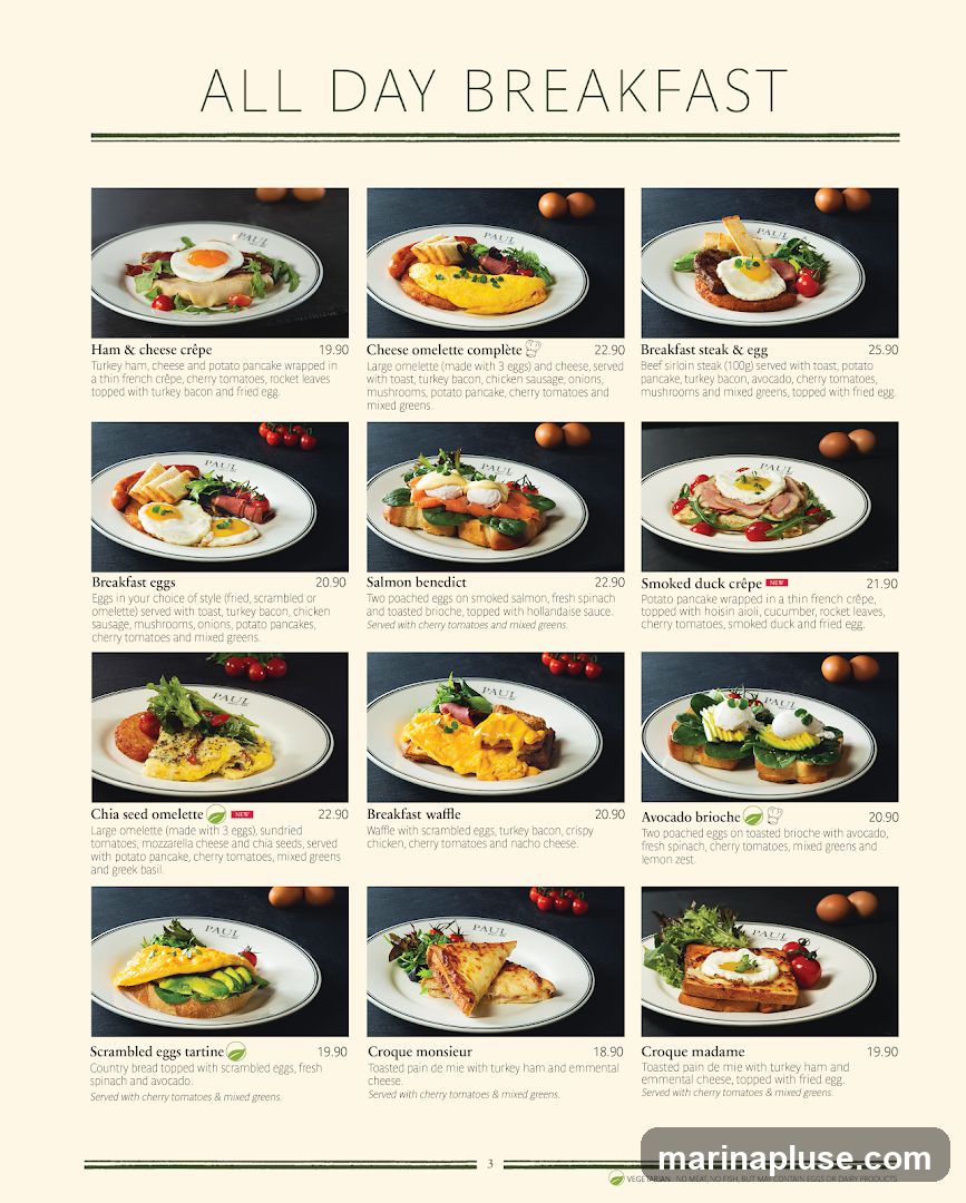 A menu featuring various breakfast dishes with descriptions and prices.