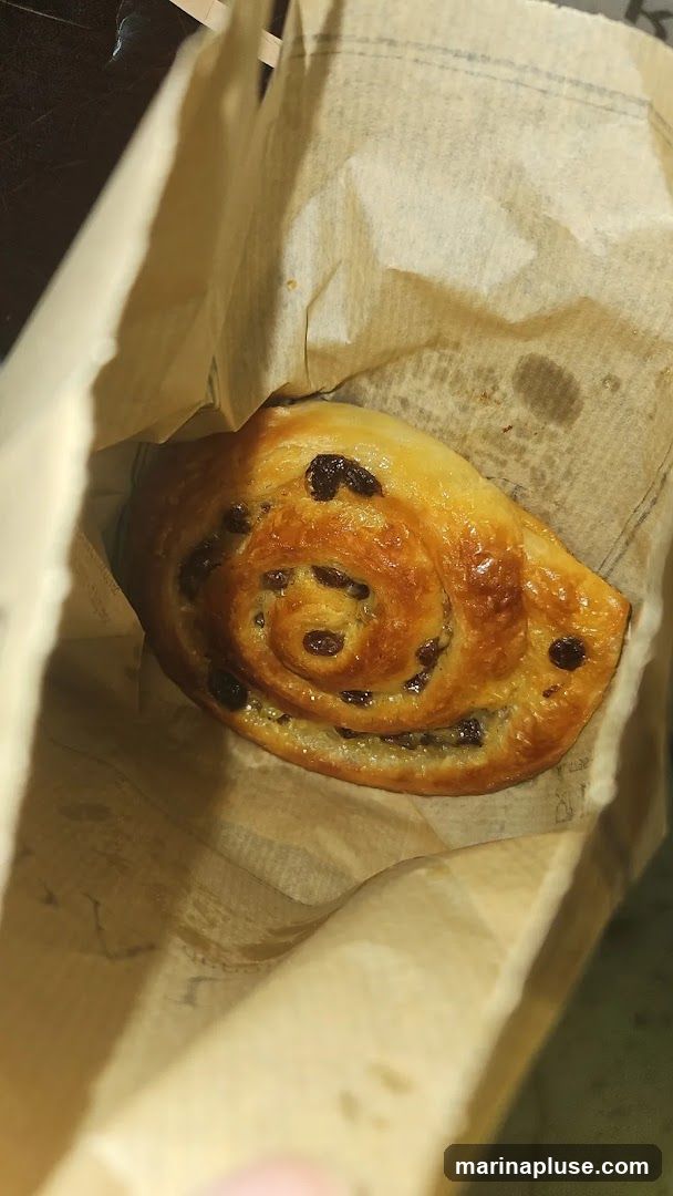 A close-up shot of a golden-brown raisin swirl pastry nestled inside a brown paper bag. The pastry has a glossy sheen and is filled with dark raisins. The bag is partially open, revealing the pastry within.