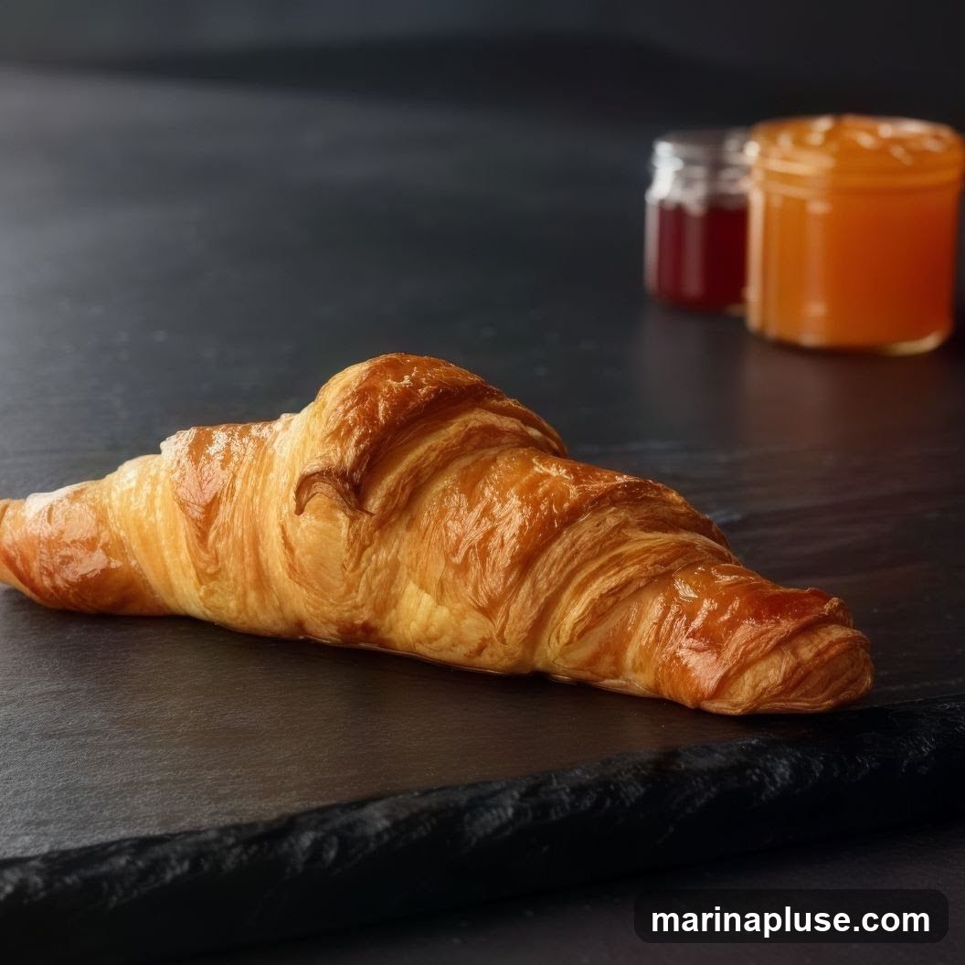 A golden-brown croissant is presented on a dark slate surface. In the background, two small jars of jam, one red and one orange, are slightly out of focus.
