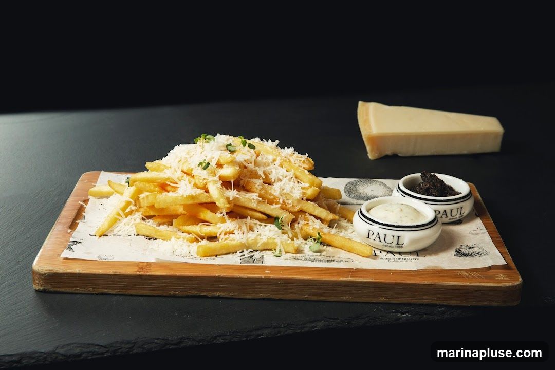 A serving of golden french fries generously topped with grated parmesan cheese and fresh herbs, presented on a wooden board lined with parchment paper. Two small ceramic bowls, branded with 'PAUL', contain dipping sauces, one appearing to be a creamy aioli and the other a dark tapenade. A wedge of parmesan cheese sits in the background.