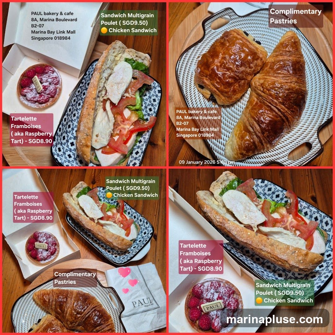 Collage of food items from PAUL bakery & cafe, including sandwiches, tarts, and pastries. The address and some prices are visible.