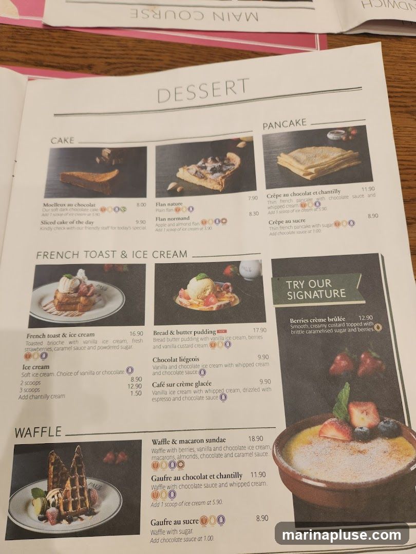 A menu page with sections for Cake, Pancake, French Toast & Ice Cream, Waffle, and a signature item.