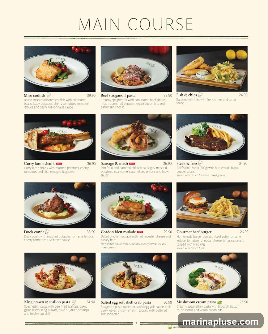 A menu page with various main course dishes, each with a picture, name, description, and price.