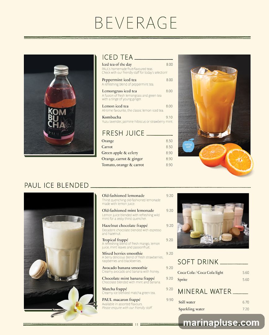 A menu featuring iced teas, fresh juices, Paul Ice Blended drinks, soft drinks, and mineral water.