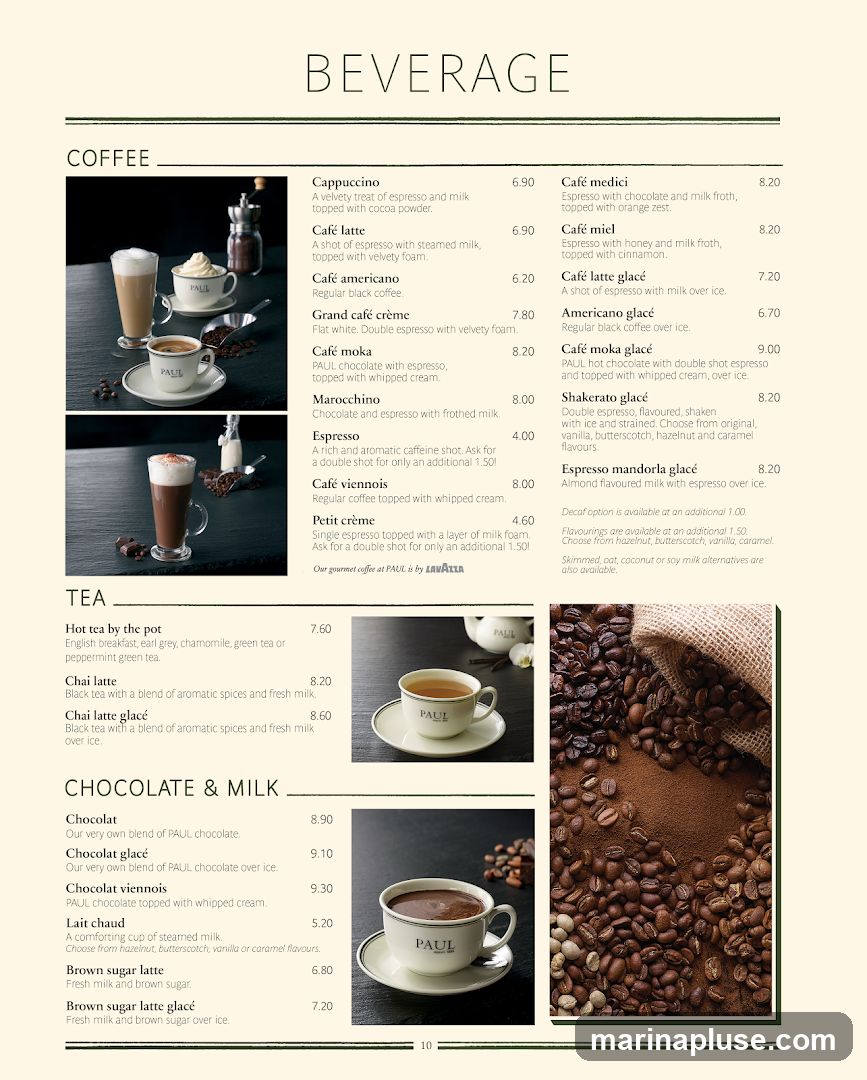 A menu of coffee, tea, and chocolate drinks.