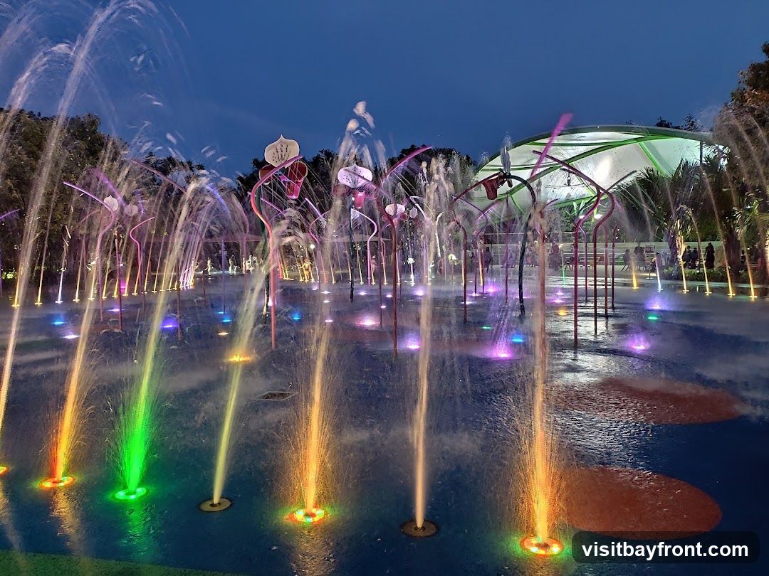 An interactive water fountain display with colorful lights at dusk. Jets of water spray upwards from the ground, illuminated by red, orange, green, blue, and purple lights. In the background, there are abstract floral-shaped structures and a covered pavilion with a white roof and green supports. Silhouettes of people can be seen in the distance. The sky is a deep blue, indicating twilight.