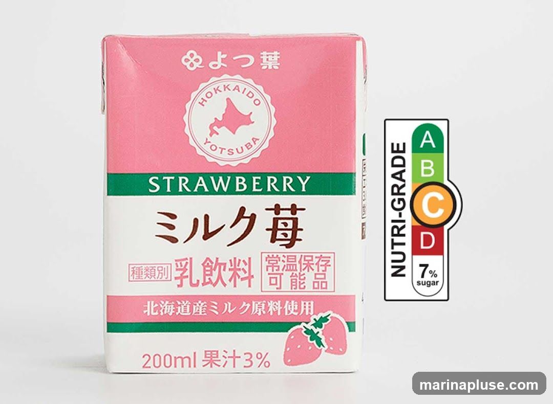 A 200ml carton of strawberry milk drink by Hokkaido Yotsuba, featuring Japanese text indicating it is a dairy beverage made with Hokkaido milk ingredients and contains 3% juice. The package includes a Nutri-Grade label showing 'C' level with 7% sugar.