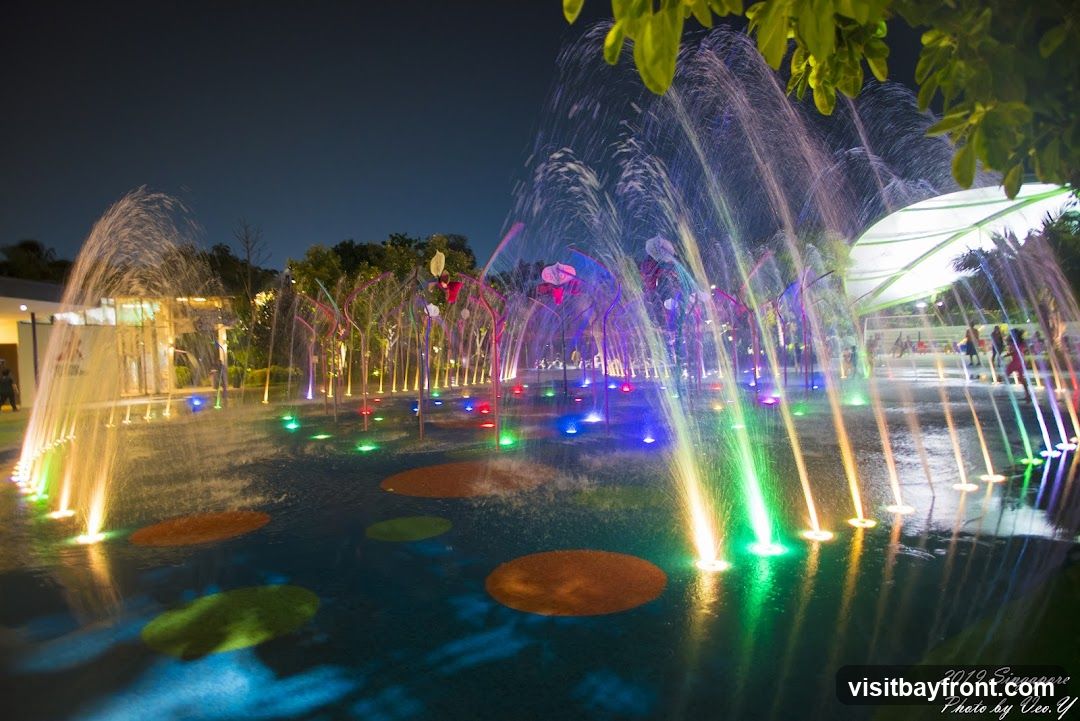 A vibrant water fountain display at night, with numerous jets of water illuminated by colorful LED lights. The water sprays upwards and outwards, creating a dynamic and playful atmosphere. The ground is wet, reflecting the lights and water. In the background, there are trees and some structures, with a few people visible. The overall scene is illuminated by the artificial lights, creating a magical ambiance.