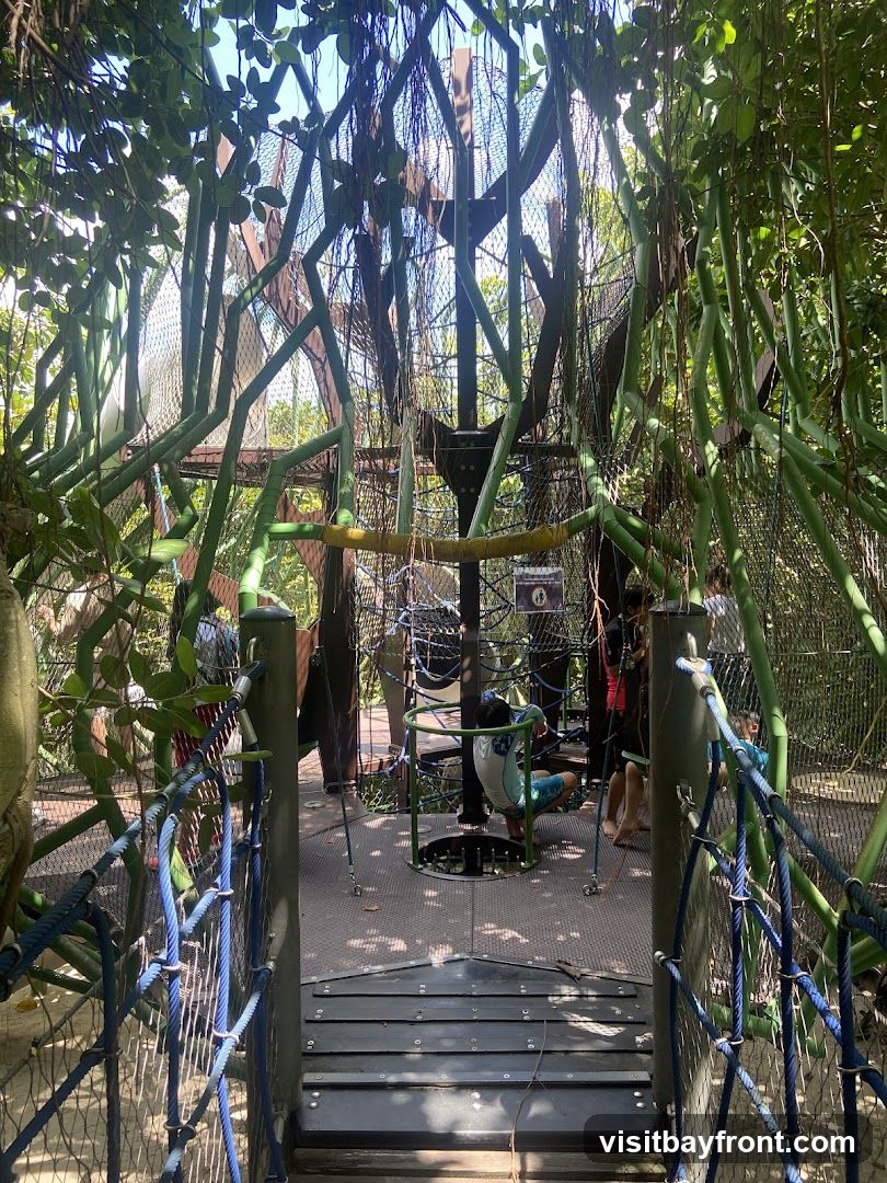 A view from a rope bridge looking into a jungle-themed play structure. The structure is made of metal poles, nets, and ropes, with vines and leaves hanging from above. Several children are visible playing within the structure.