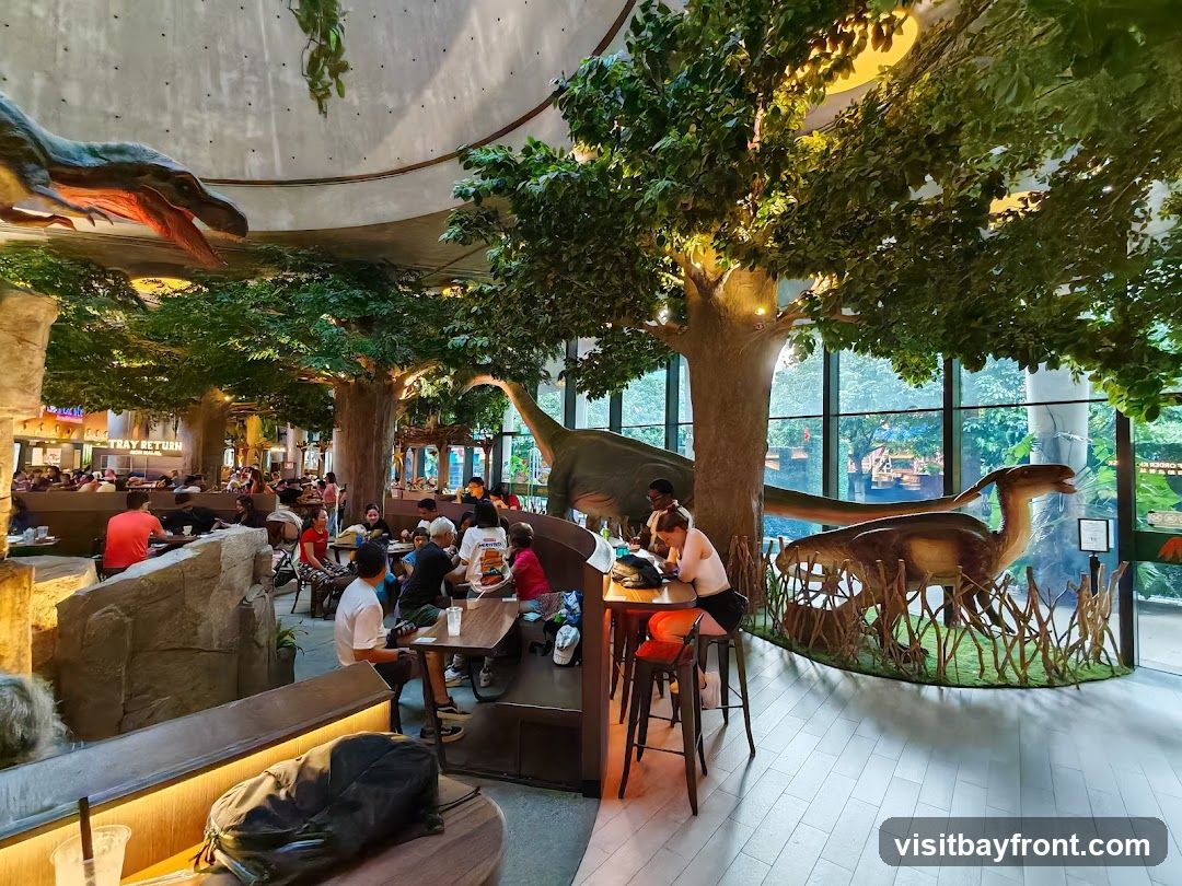The interior of a restaurant designed with a dinosaur theme. Large artificial trees with lush green foliage are scattered throughout the space, creating a jungle-like atmosphere. Several realistic dinosaur models are prominently displayed, including a large Tyrannosaurus Rex head near the ceiling and a Parasaurolophus on the right. Diners are seated at various tables and booths, some with views of the outdoors through large windows. A sign indicating "TRAY RETURN" is visible in the background.