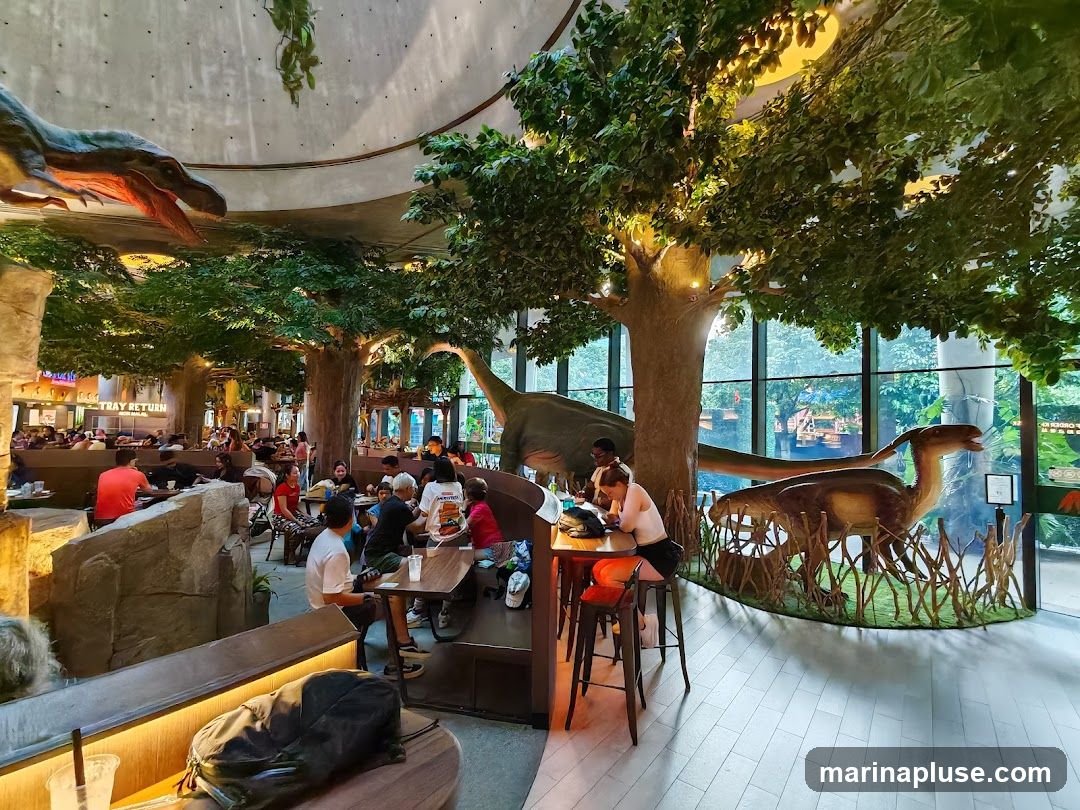 The interior of a restaurant designed with a dinosaur theme. Large artificial trees with lush green foliage are scattered throughout the space, creating a jungle-like atmosphere. Several realistic dinosaur models are prominently displayed, including a large Tyrannosaurus Rex head near the ceiling and a Parasaurolophus on the right. Diners are seated at various tables and booths, some with views of the outdoors through large windows. A sign indicating "TRAY RETURN" is visible in the background.