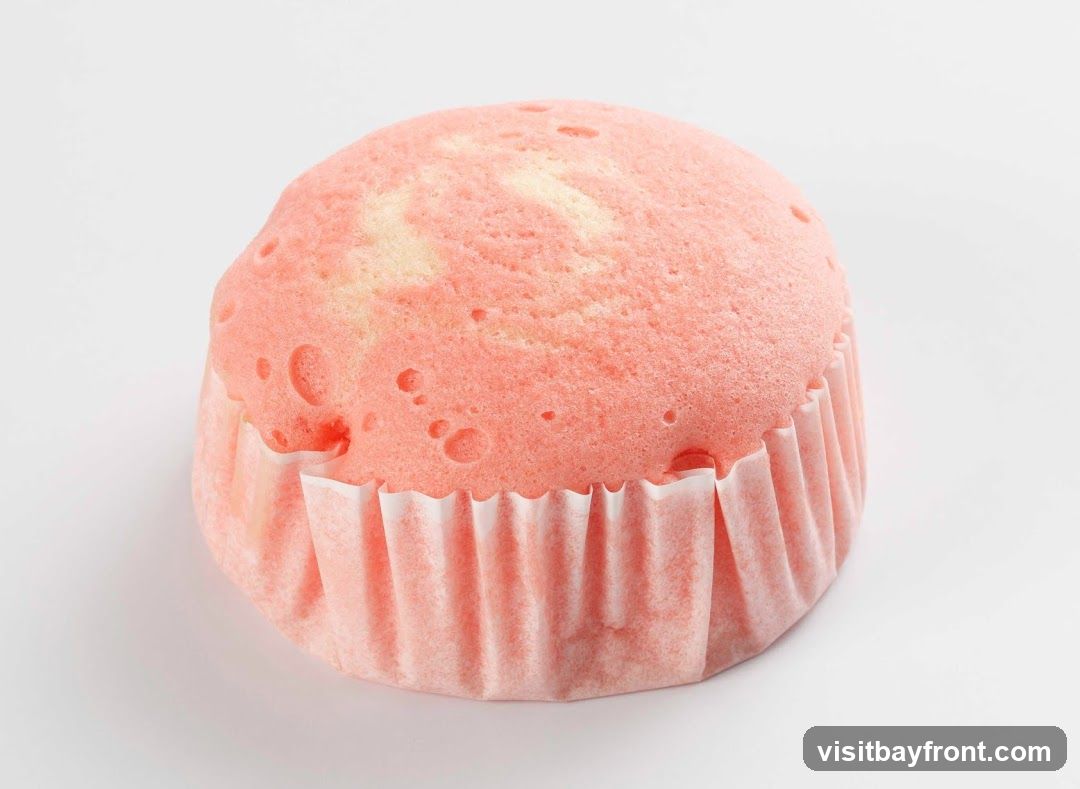 A single pink cupcake in a matching paper liner, photographed against a plain white background. The cake has a light, airy texture with small air pockets on top and a faint swirl of lighter color within the pink batter.
