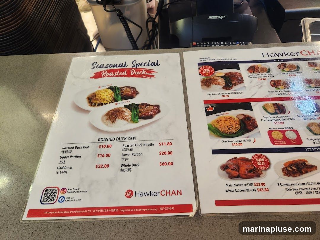 A menu featuring roasted duck and chicken dishes, with prices listed in SGD.