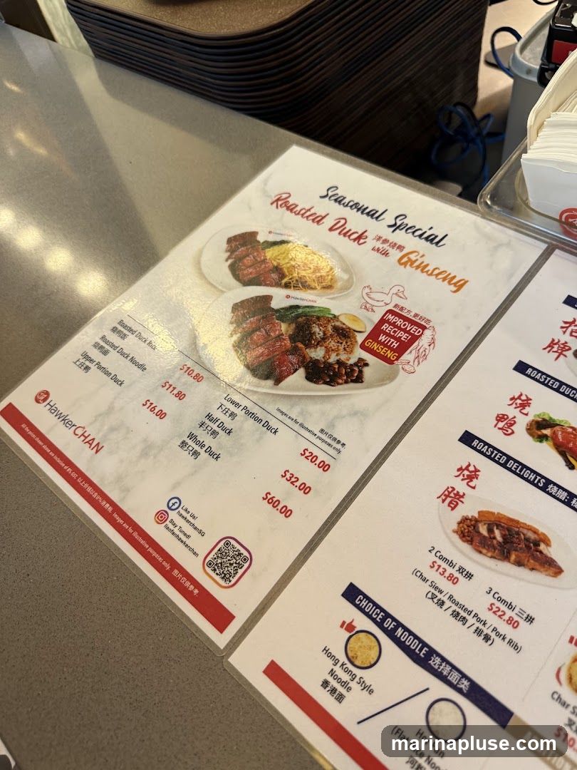 Menu featuring roasted duck dishes and noodle choices.