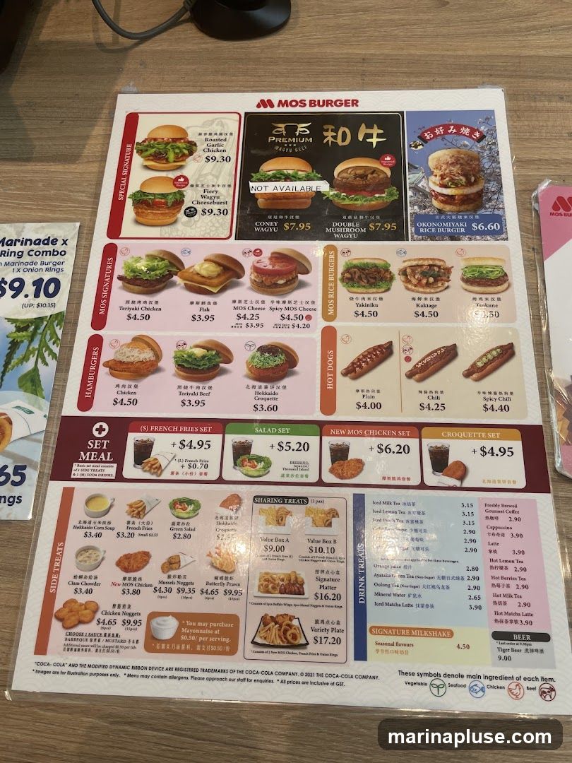 A menu from MOS Burger featuring various burgers, sides, drinks, and sets.
