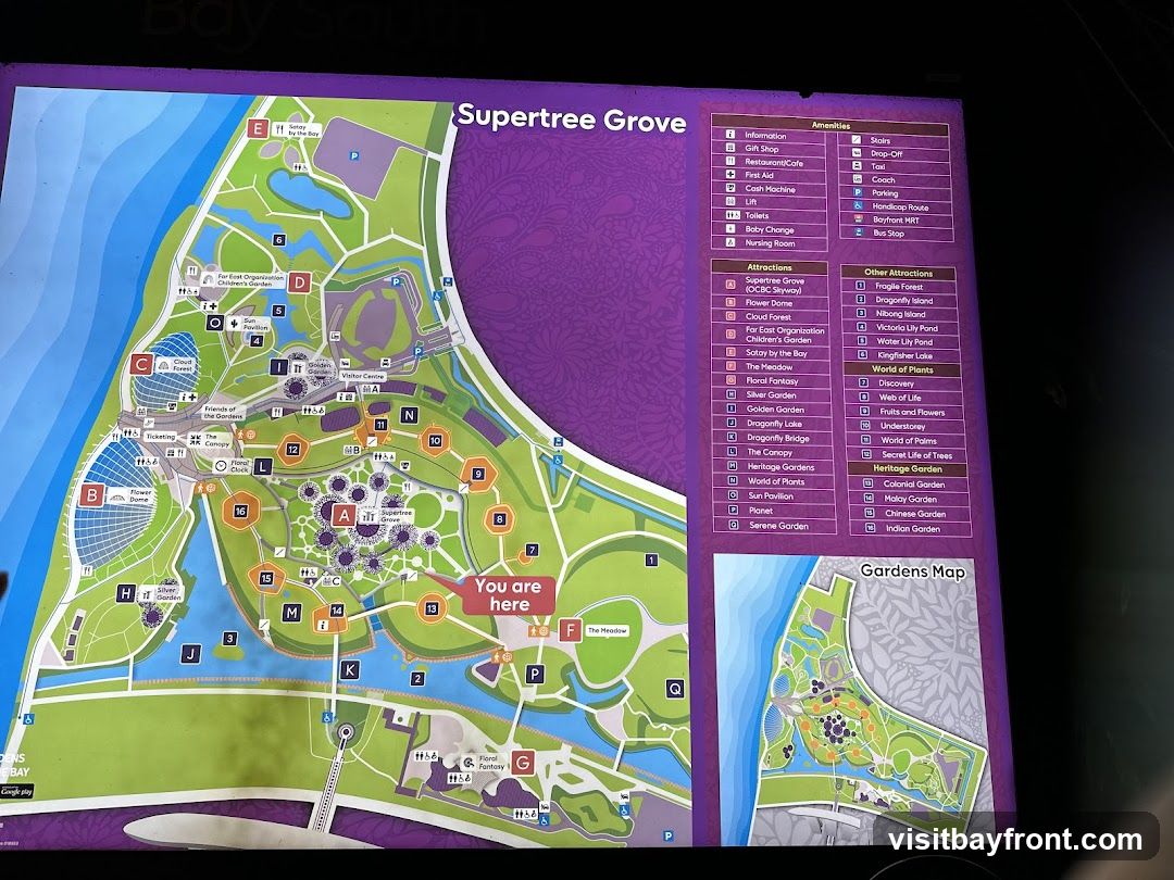 A map of the Gardens by the Bay, with various attractions and amenities labeled. The map includes sections for "Supertree Grove", "World of Plants", and "Heritage Garden". An inset map shows a detailed view of the "Gardens Map". A red marker indicates "You are here".