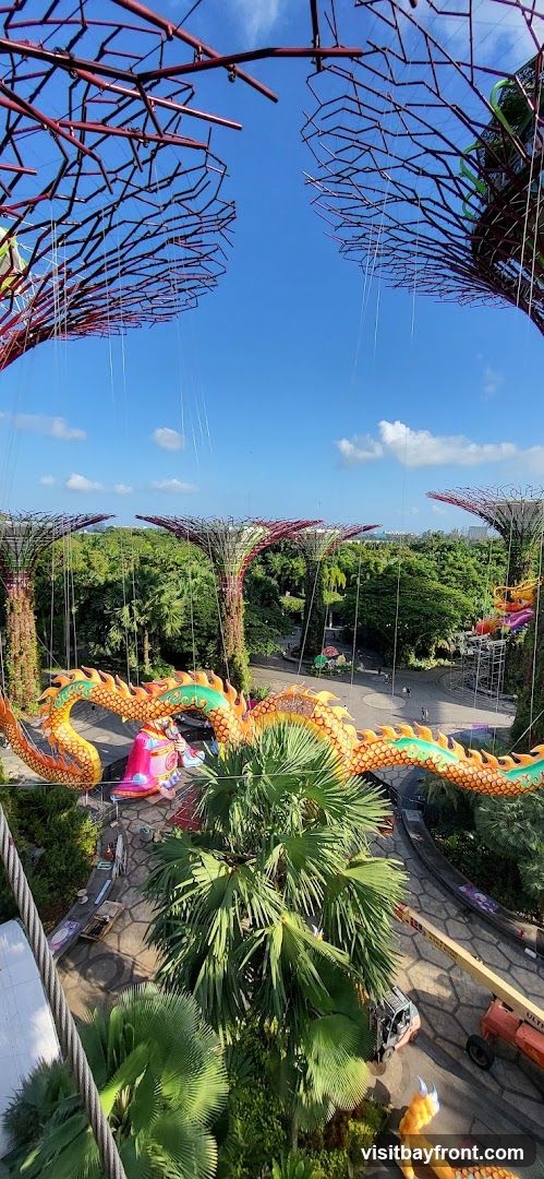 An aerial view of a park featuring large, illuminated dragon lanterns and Supertrees. The dragons are colorful, with orange and green scales, and are suspended in the air. The Supertrees, with their distinctive red metal structures and green foliage, dominate the background. The sky is blue with scattered clouds. People are visible walking on pathways below.
