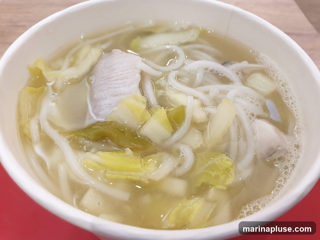 A close-up shot of a bowl of noodle soup. The soup contains white noodles, pieces of white fish, and chopped green vegetables, possibly cabbage or bok choy. The broth is light yellow and appears to have some bubbles on the surface. The bowl is white and is placed on a red surface.